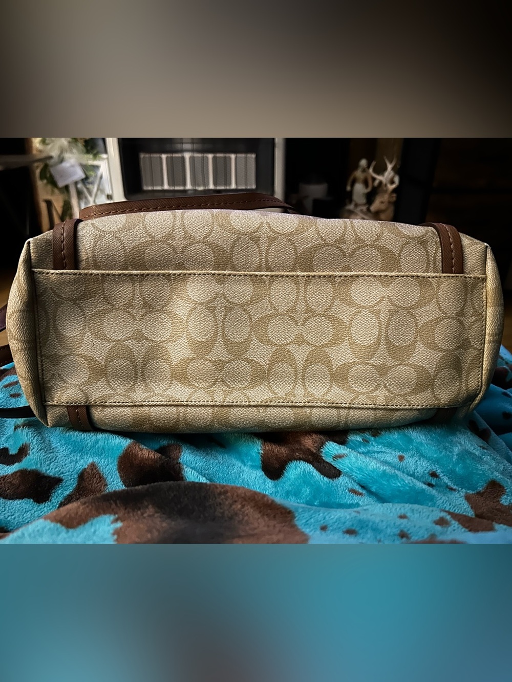 Coach Beige Peyton Signature Canvas Shoulder Bag with Brown Leather Trim - Picture 11 of 16